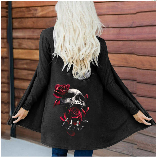 Women's Fashion Halloween Skull Printed Cardigan Long Sleeve Coat Top