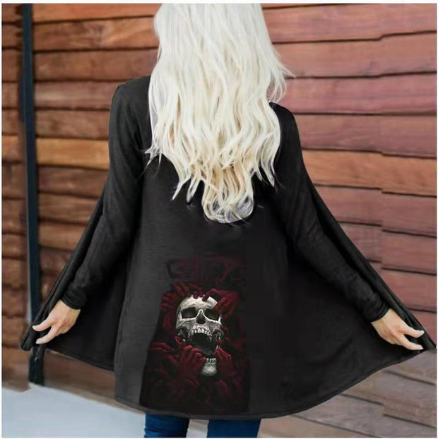 Women's Fashion Halloween Skull Printed Cardigan Long Sleeve Coat Top