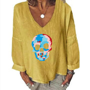 Women's Halloween Head Printed Loose Top Cotton And Linen