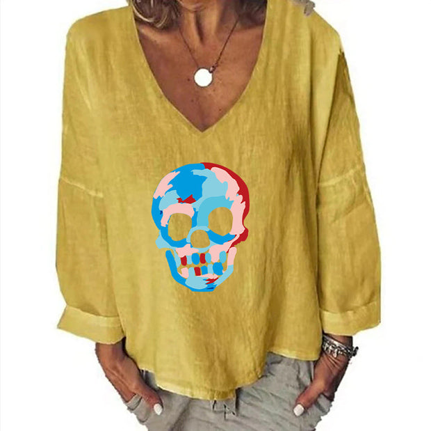 Women's Halloween Head Printed Loose Top Cotton And Linen