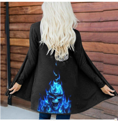 Women's Fashion Halloween Skull Printed Cardigan Long Sleeve Coat Top