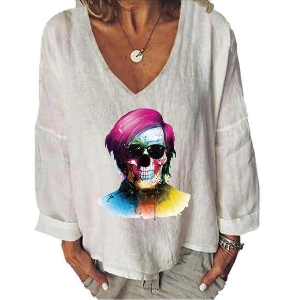 Women's Halloween Head Printed Loose Top Cotton And Linen