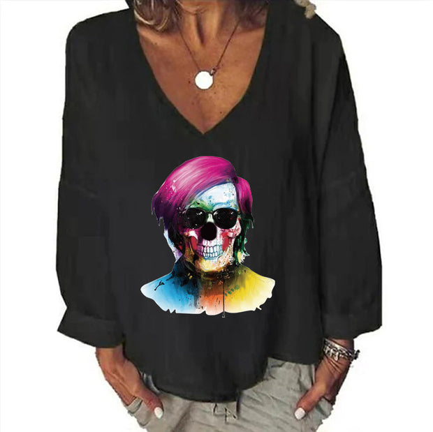 Women's Halloween Head Printed Loose Top Cotton And Linen
